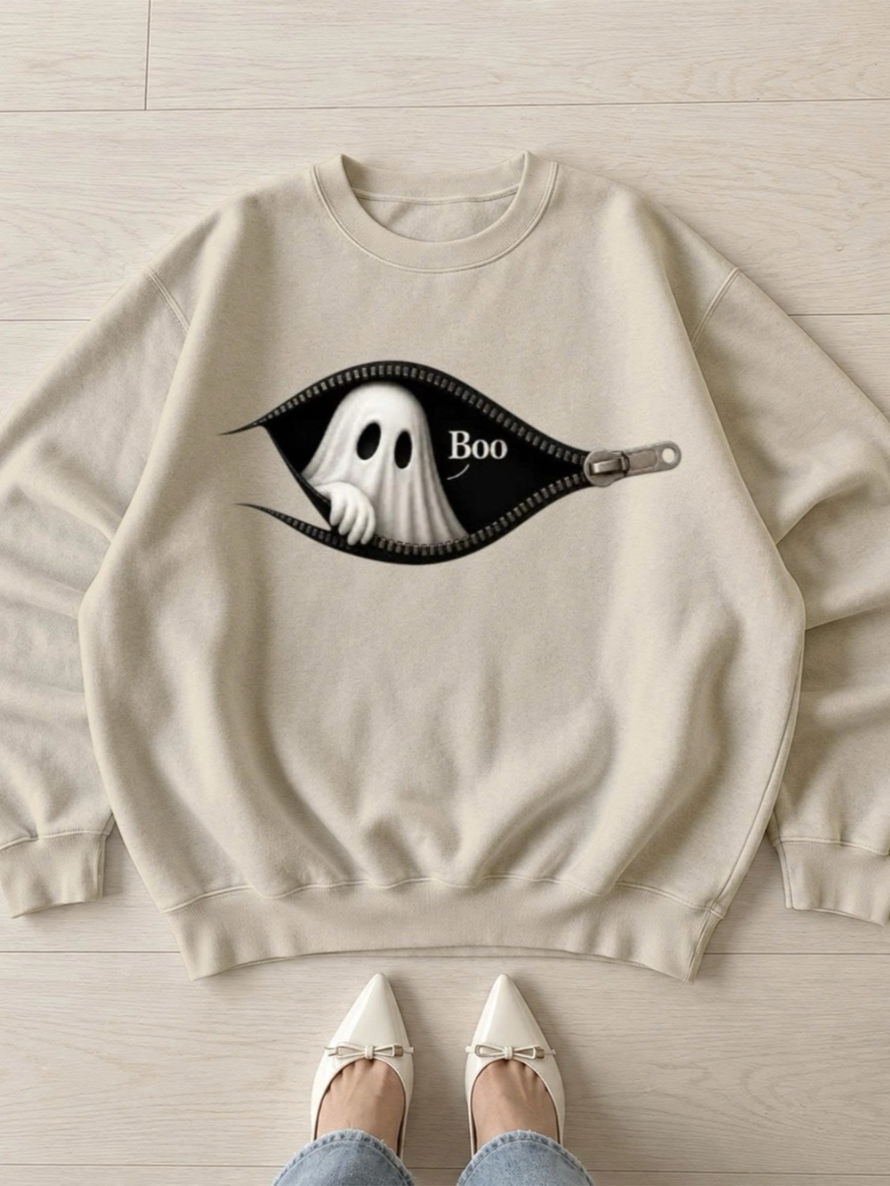 Zipper Ghost Halloween Sweatshirt, Vintage Ghost Boo